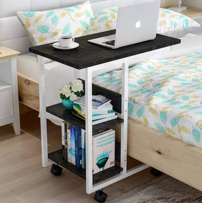 Bedside Laptop Table with Wheels & Bookshelves